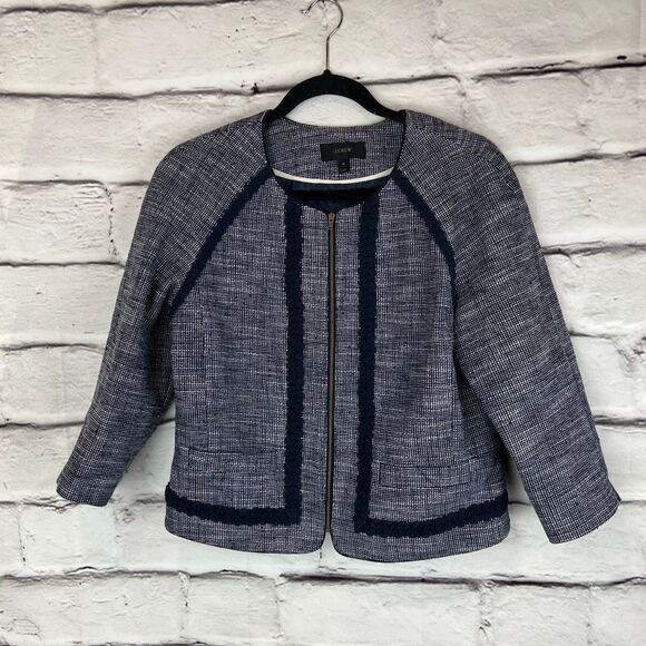 J. Crew Women's Blazer Size 10 Navy Blue Tweed Cropped Workwear - Picture 2 of 6